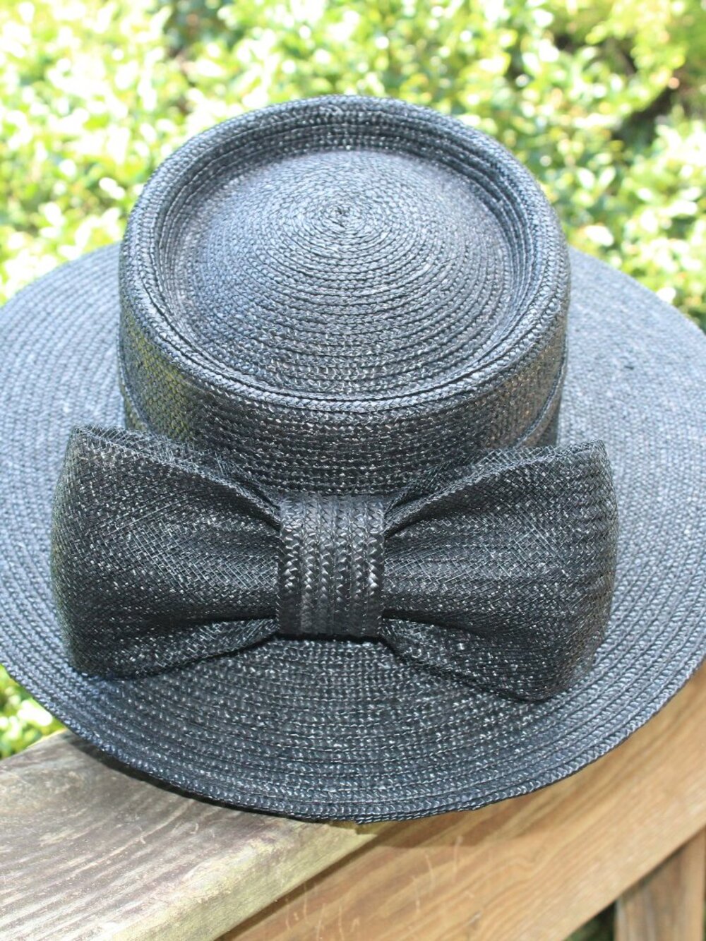 Betmar New York Vintage Black 100% Straw Flat Brim Bow Hat Style J230 Orig. $325